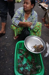 Smiling lady selling crabs in a Yangon market