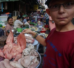 A pig face in a Yangon street market